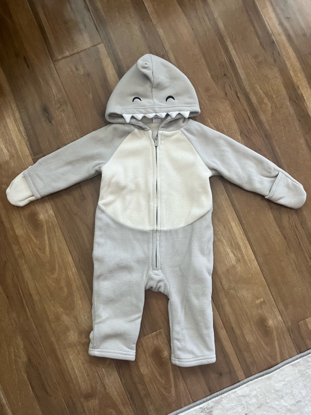 Toddler Shark Hooded Fleece One-Piece Fleece Romper - Light Gray & Cream